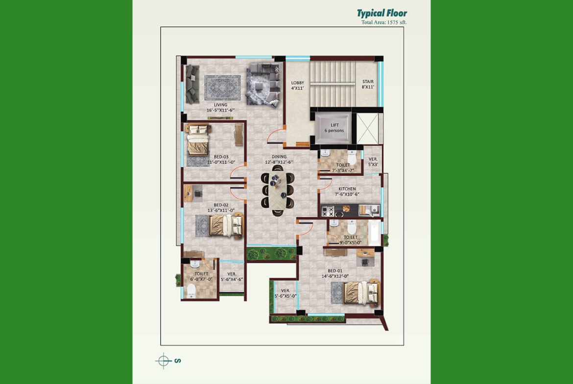 Green Angina 1575 sft Flat for Sale at Bashundhara L Block