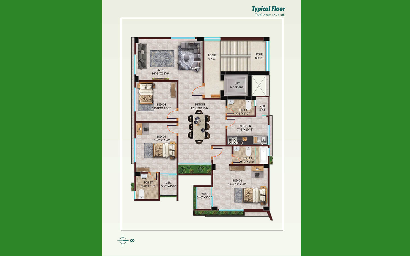 Green Angina 1575 sft Flat for Sale at Bashundhara L Block